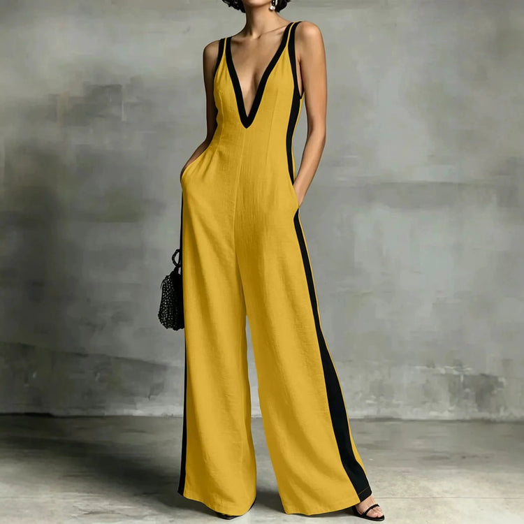 2026 summer new fashion women's V-neck sleeveless contrasting color suspender wide-leg jumpsuit