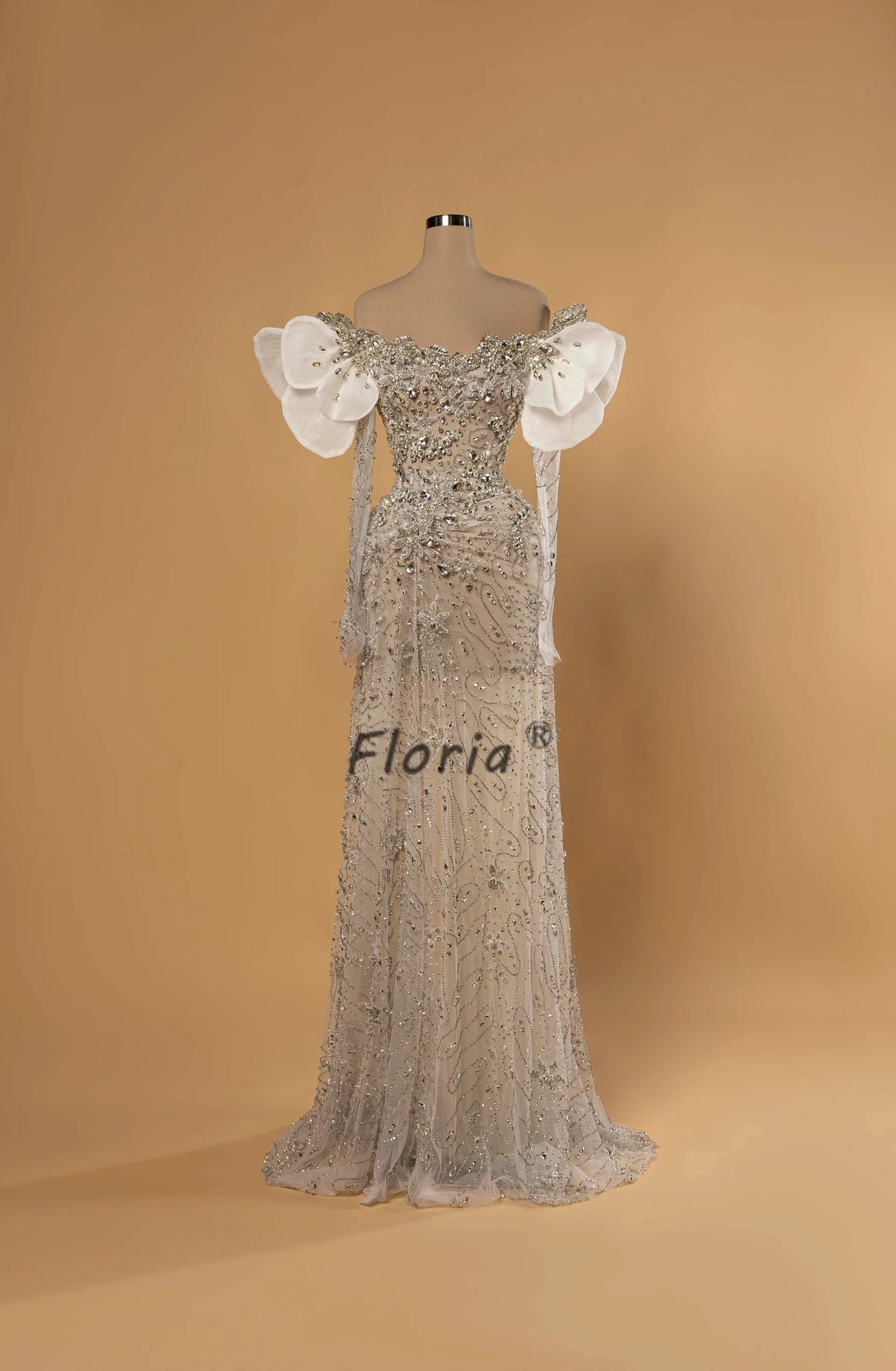 Women Off Shoulder Floral Mermaid Evening Gown Rhinestone Embroidery Long Sleeve Formal Wedding Prom Dress Celebrity Red Carpet