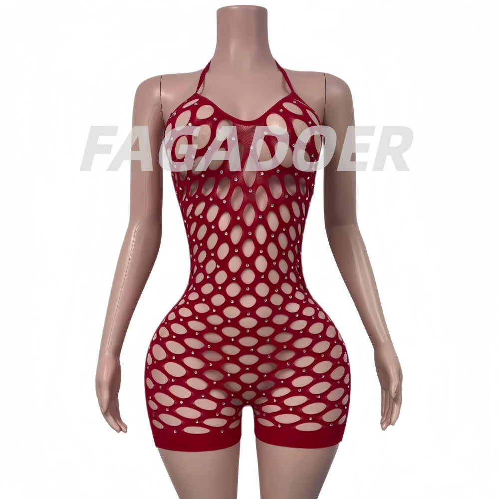 FAGADOER Sexy Hollow-out Rhinestone Patchwork Bodycon Rompers Woman Halter Sleeveless Backless Jumpsuits Female Party Clubwear