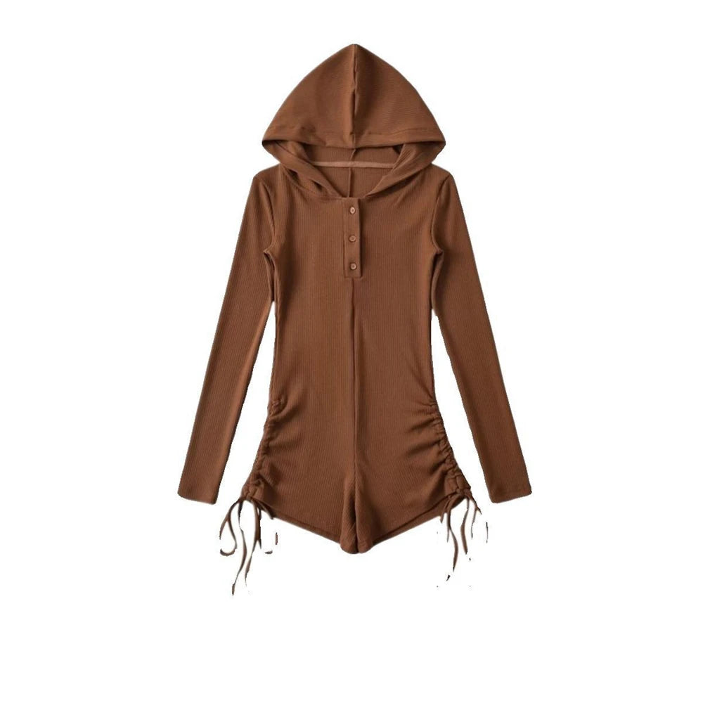 Women's Jumpsuits Y2k Shorts Playsuits 90s Vintage Slim Casual Sexy Bodysuits Long Sleeves Aesthetic Punk Korea Hooded With Hat