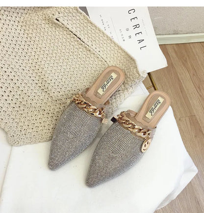 2025 New Summer Shoes for Women Luxury Slipper Girl Bling Crystal Chain Casual Flat Sandals Girl Pointed Toe Slides