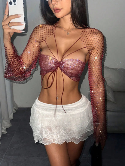 Glitter Rhinestone Long Sleeve T Shirt Sexy See Through Hollow Out Fishnet Mesh Backless Crop Tops Nightclub Party Tank Top