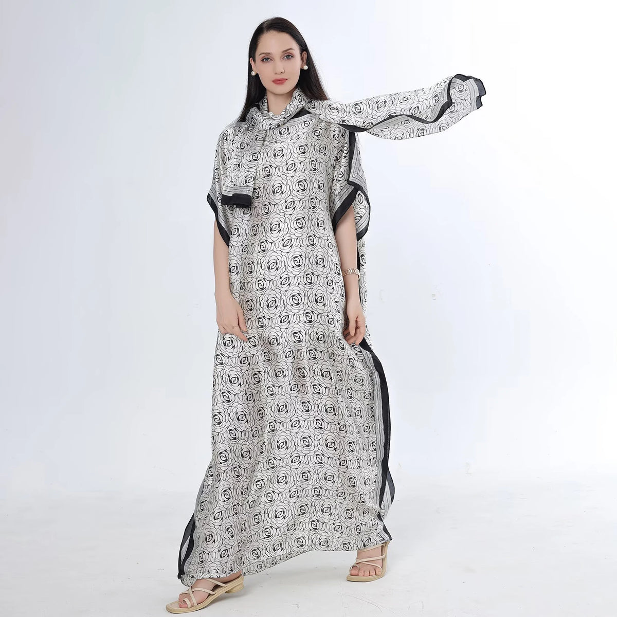 1 piece, colorful floral satin long dress, women's loose long dress, with the same color headscarf, fashionable beach robe