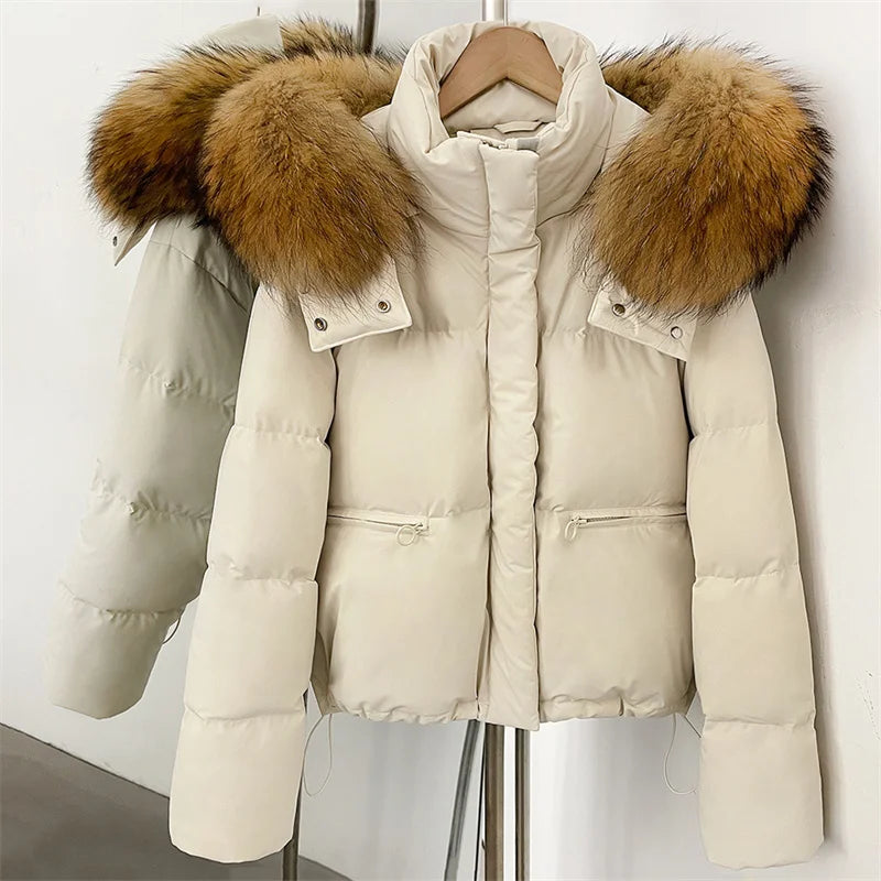 women's winter down jacket 2026 new detachable fox fur collar hooded women's down coat White duck down filled warm thick coat
