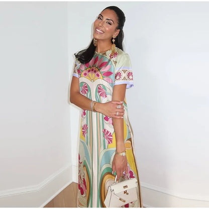 Women Art Floral Print Feather Hem Maxi Dress Short Sleeve Crew Neck Loose Fit Dresses 2026 Summer Fashion Elegant Lady Outwear