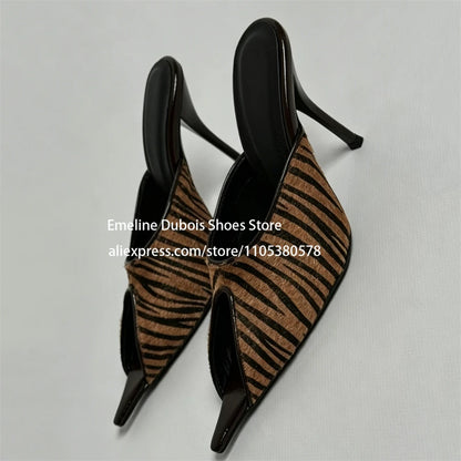 Zebra Print Faux Pony Hair Cutout High Heel Sandals Women Pointed Toe Slip on Stilettos Mules Sexy Party Ladies Dress Sandals