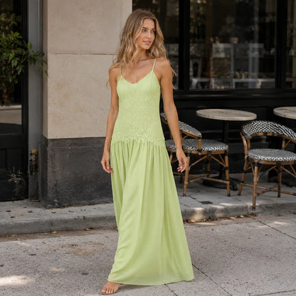 Women's Lace Spliced Dress Sage Green Floral Embroidery Spaghetti Strap Flowy Long Dress Elegant Bohemian Summer Party Dress