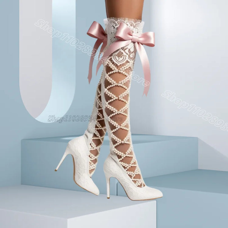 White Bowknot Pearl Decor Boots Lace Pointed Toe Stiletto Spring for Women Party Dress Elegant Boots 2025 Zapatos Para Mujere