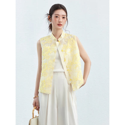 VIMLY Women's Vest 2026 Summer Casual Yellow Floral Embroidery Stand Collar New Chinese Style Sleeveless Jacket Ladies A5251