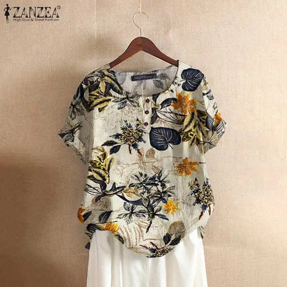 ZANZEA Women Cotton Shirt Fashion Floral Printed Tops Ladies Kaftan Chemise 2024 Summer Short Sleeve Blouses Causal O-neck Tunic