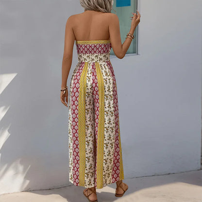 Cotton Rayon Floral Printed Sexy Strapless Jumpsuit Women Casual Bow Boho Beach Summer One Piece Women's Jumpsuits Bohemian