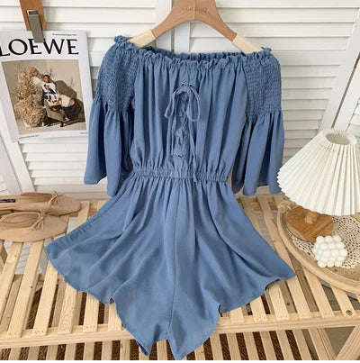 Women's Casual Summer Beach Romper Olive Green Off The Shoulder Lace Up Short Sleeve Elastic Waist Playsuit