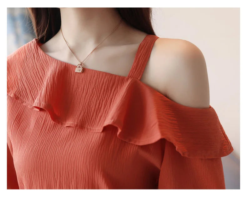 Women's Shirt Tops One-Shoulder Ruffles Short-sleeved Chiffon Blouse