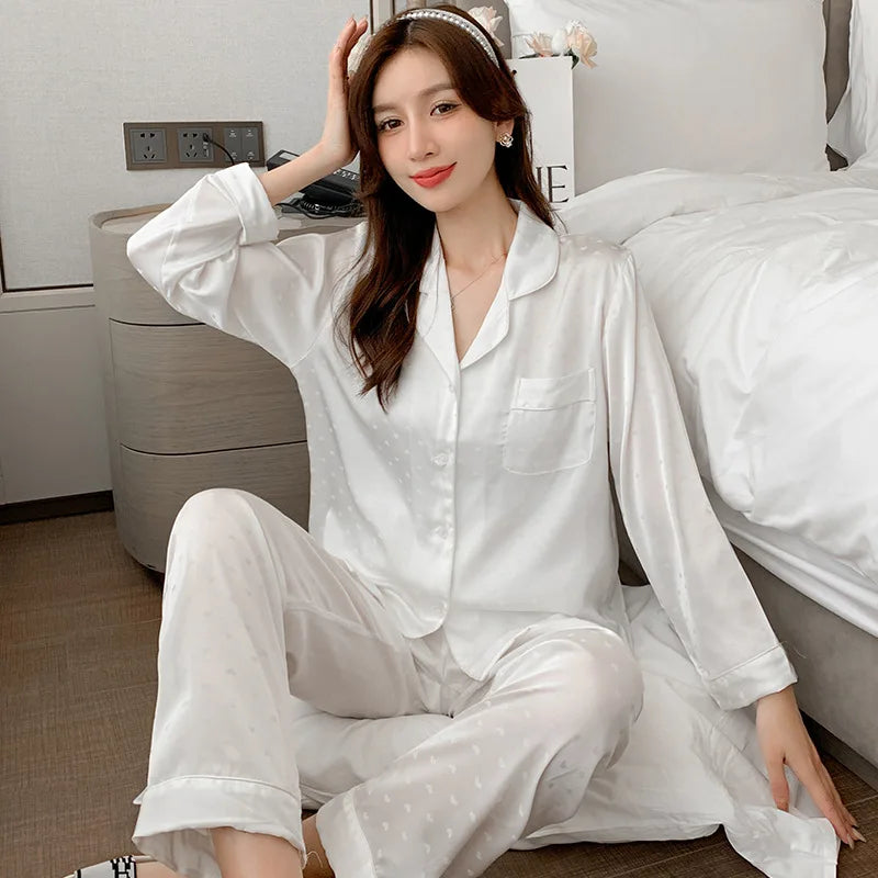 Women's New Arrival Silk-Feel Ice-Silk Lightweight Long-Sleeve Pajama Set Two-Piece Comfortable Homewear Suit