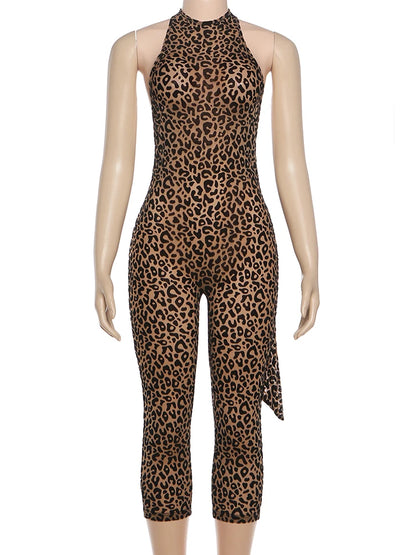 Kliou Leopard Print Playsuits Woman Bandage Halter Backless Sleeveless Skinny Peach Hip Hot Girls Street Style Classic Rompers