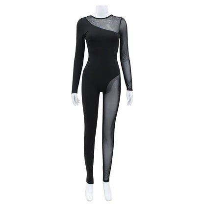 Hipster Tight Jumpsuit Woman Midnight Overalls Streetwear O-Neck Long Sleeve Zipper Sexy See Through Mesh Rompers Women Jumpsuit