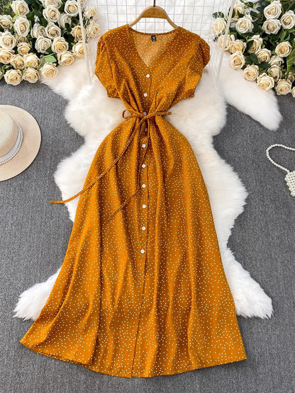Summer Women Polka Dot Long Dress Vintage V-Neck Flying Sleeve High Waist Single Breasted A-Line Casual Vestidos Female Robe New