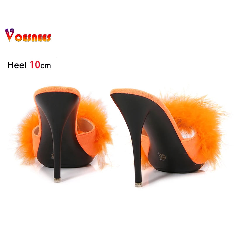 10CM Thin High Heel Summer Furry Slippers For Ladies Mules Fashion Fluffy Fur Slides Sandals 2025 New Brand Women's Party Shoes