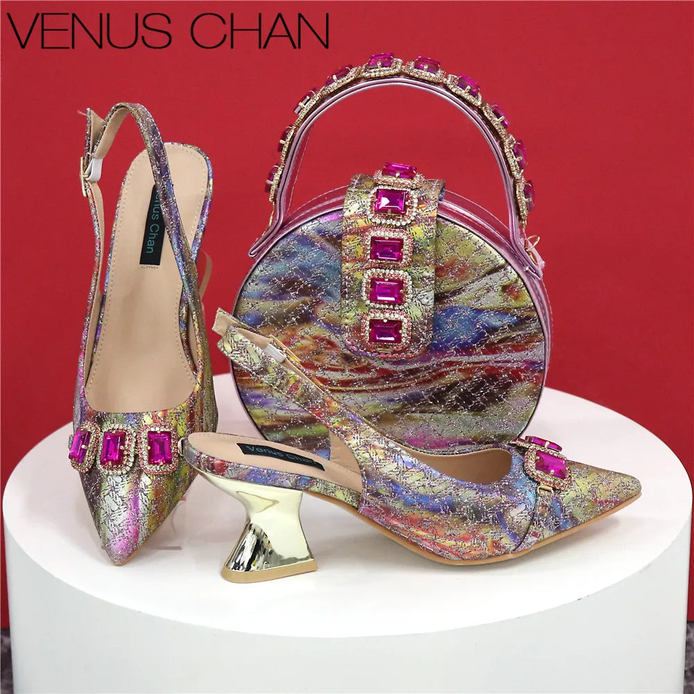 Newest Style Teal Sky Color Platform Design Peep Toe Ladies Shoes Matching Bag Set For Mature Women Heel Party Pump