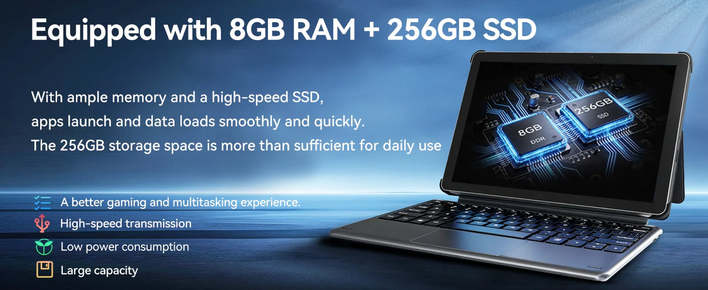 2-in-1 10.1 Inch Tablet Laptop Intel 6500Y 8GB+256GB SSD 1280*800 350Nits Windows 11 Type-C USB3.0 micro HDMI Wifi5 BNCF W1001