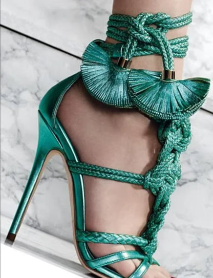 Sexy Rope Knot High Heel Sandals Braided Straps Cut Outs Summer Shoes Lace-up Stiletto Heels Gladiator Sandals Pink Brown Green