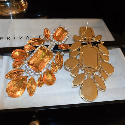 Orange Rhinestone Geometric Earrings for Women Retro Exaggerated Drop Earrings Temperament Party Accessories Girls Gifts