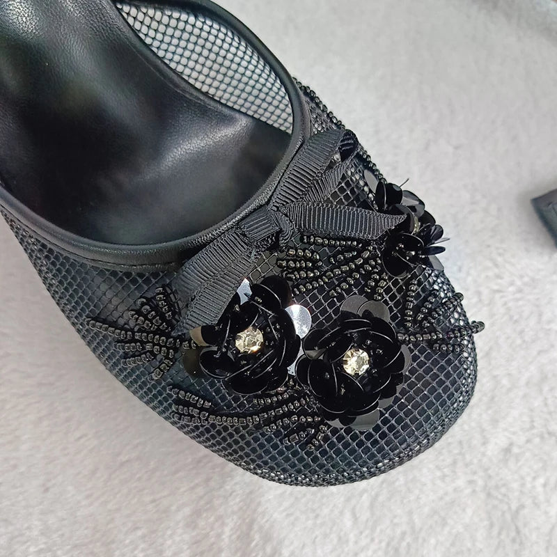 Summer mesh flower beads women slide sexy thin heel sandal