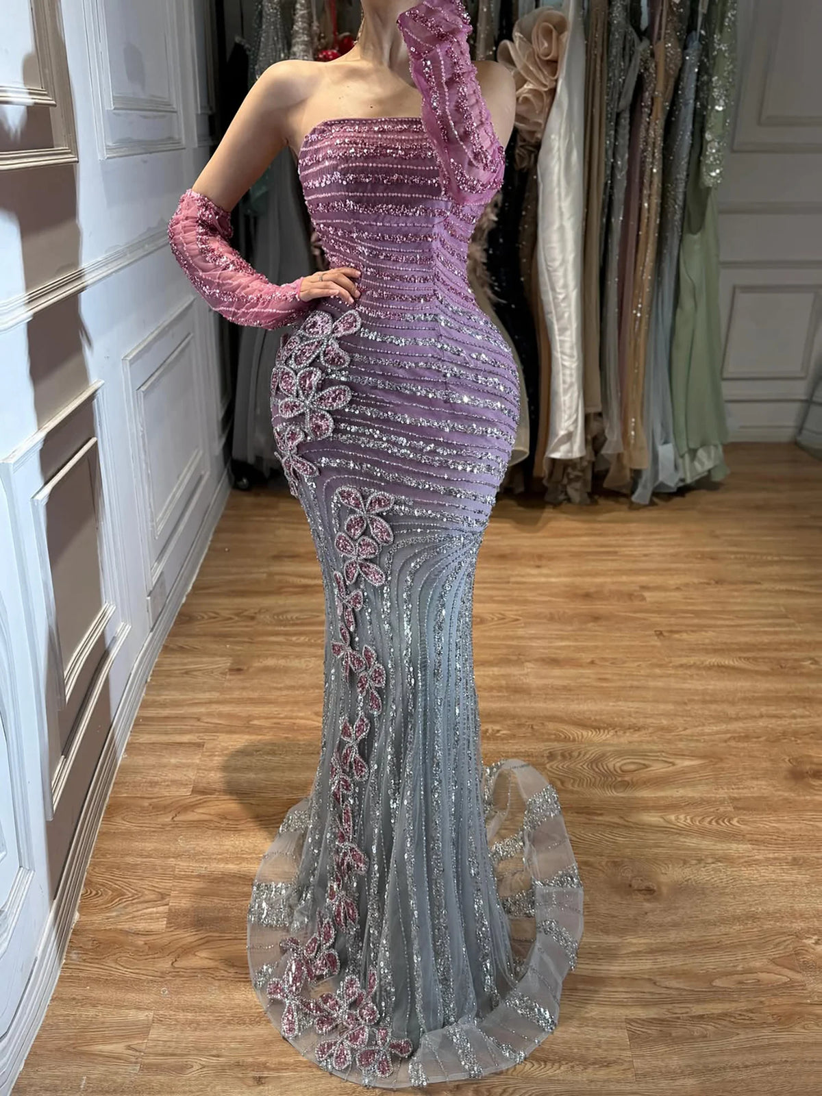 Serene Hill 2026 Luxury Pink Gradient Beaded Mermaid Evening Dress Strapless Crystal Floral Formal Gown LA73532 Customized