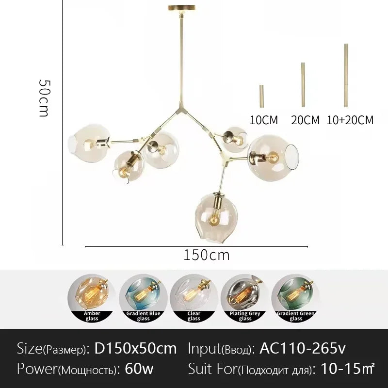 Italy Designer LED Modern Pendant Lights Branching Ceiling Lamp Chandelier Glass Lampshade Suspension Lighting Kitchen Dining