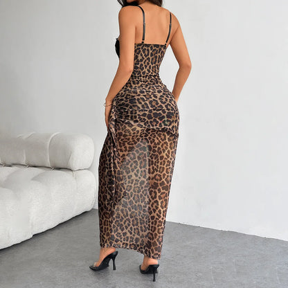CHNMR Vintage Leopard Print Patchwork Lace Women Long Dress Sexy Off Shoulder Sleeveless Backless Bodycon Maxi Dresses for 2026