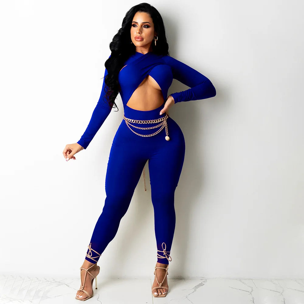 CM.YAYA Women Hollow Out Cross Sexy Party Clubwear Long Sleeve Jumpsuits 2024 Winter Autumn Street Crop One Piece Suit Rompers