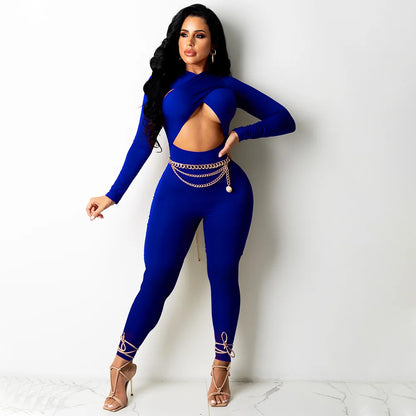 CM.YAYA Women Hollow Out Cross Sexy Party Clubwear Long Sleeve Jumpsuits 2024 Winter Autumn Street Crop One Piece Suit Rompers