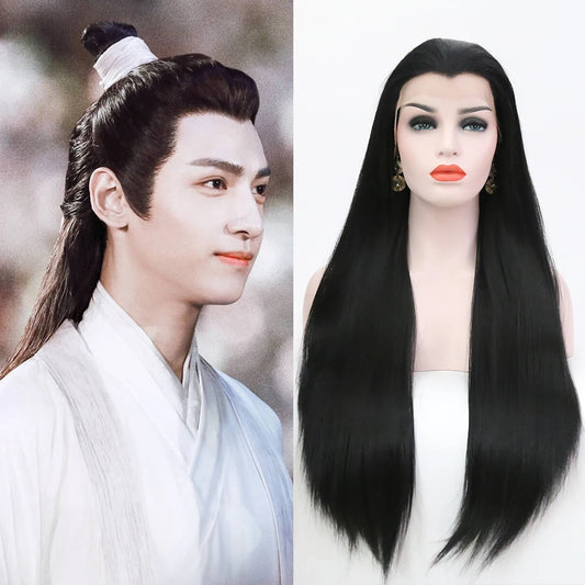 AIMEYA Long Straight Lace Wigs 13X4 Lace Frontal Free Part Synthetic Hair Wig with Special Hairline For Women Cosplay Black Wigs