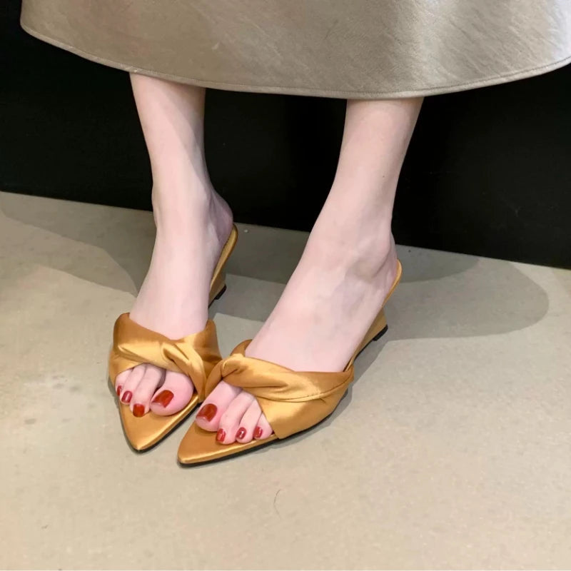Pointed Toe Women Slippers Wedges Mid Heels Shoes Designer Elegant Pumps Summer 2026 New Sandals Fashion Slides Flip Flops Lady