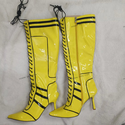 Cross Tied Sandals Boots Pointy Toe  Buckles Straps Knee High Boots Summer Women Sexy Shoes Lace Up Stiletto Heels 44