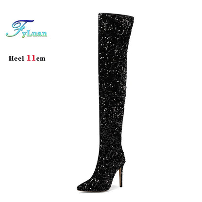 Over-the-Knee Boots for Women Pink Sequins Point Toe Boots Thin High-heeled Purple Thigh Long Boots Sexy Zip Heels Stiletto Shoe