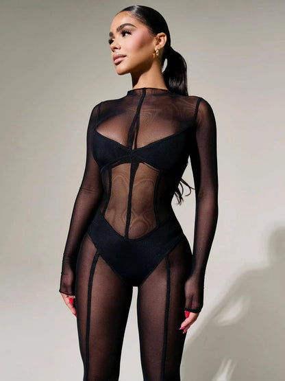 Hugcitar Mesh Long Sleeve Black Zip Up See Through Sheer Sexy Bodycon Jumpsuit 2025 Summer Women Romper Beach Festival Club Y2K