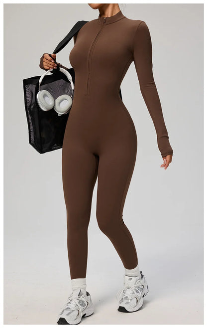TRY TO BN Women's Jumpsuit Long Sleeve Zipper Shapewear Bodysuit Yoga Fitness One Piece Tights Gym Clothing Mono Deportivo Mujer