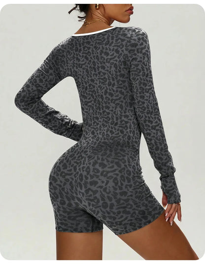 Women's Leopard Print Long Sleeve Yoga Jumpsuit Slim Fit One Piece Workout Romper Shorts Athletic Fitness Bodysuit