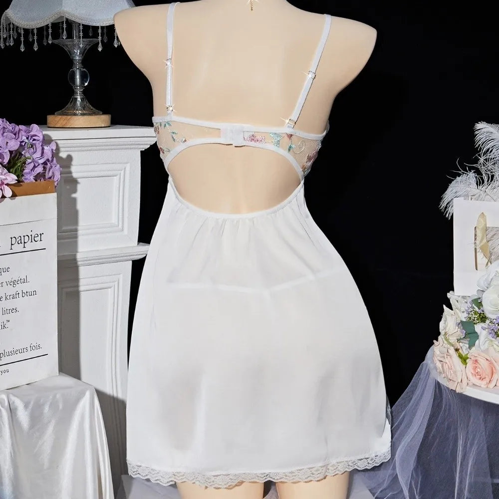 Thin Lace Bow Women's Pajama Dress Embroidered Mesh Transparent Ice Silk Suspender Nightdress Sleeveless Sleepwear