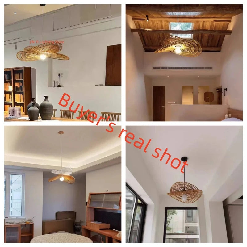 Wabi-Sabi Style Pendant Lights For Bedroom Living Room  Rattan Hand-Woven Lamp Restaurant Home Decor Chandeliers G80 Bulb