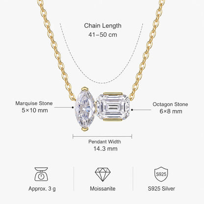 Moissanite Toi et Moi Necklace for Women S925 Sterling Silver 18K Yellow Gold Plated Marquise Emerald Cut Two Stone D Color VVS1