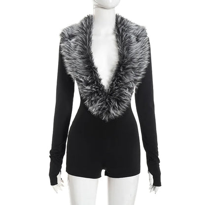 Deep V-Neck Fluffy Faux Fur Collar Short Jumpsuits for Women 2026 Fall Winter Fashion Long Sleeve Playsuits One-Pieces Rompers