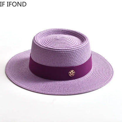 New Summer Straw Sun Hats for Women Ladies Fashion Flat Brim Ribbon Beach Hat Travel Dress Cap Chapeau Femme