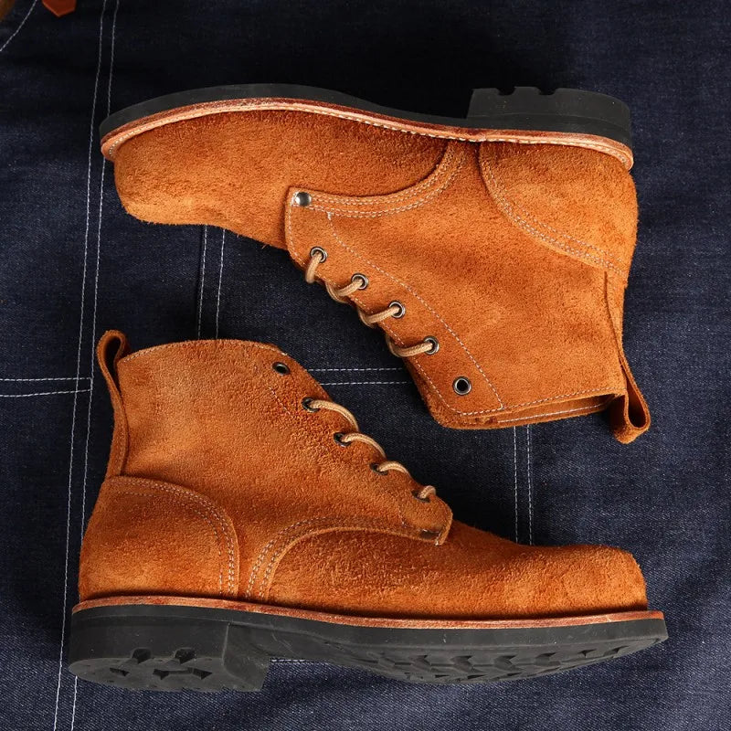 Vintage Handmade Genuine Leather Boots Male Lace Up Outside High Top Shoes Round Toe Mens Suede Cowskin Motorcycle Short Boots