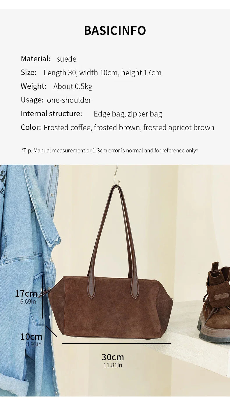 New Women's Natural Suede Leather long handle Shoulder Bag Luxury Designe Genuine Suede Leather Handbags Shopping Underarm Bag
