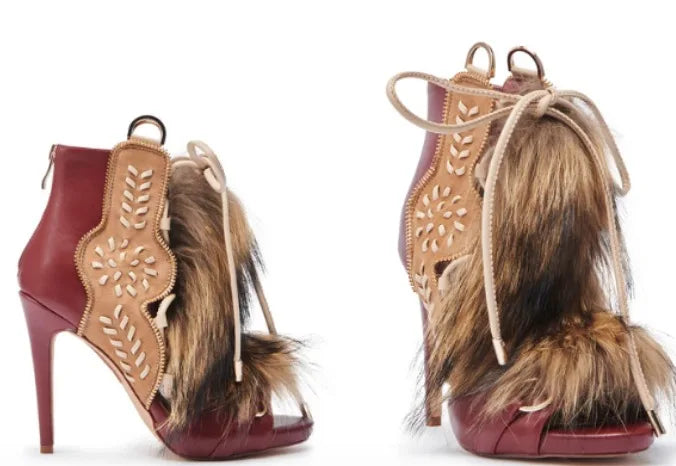 Thin High Heel Peep Toe Design Fluffy Sandals Women Fashion Strap Ankle Feather Sandals Zip Summer Show New Shoes Embroidery