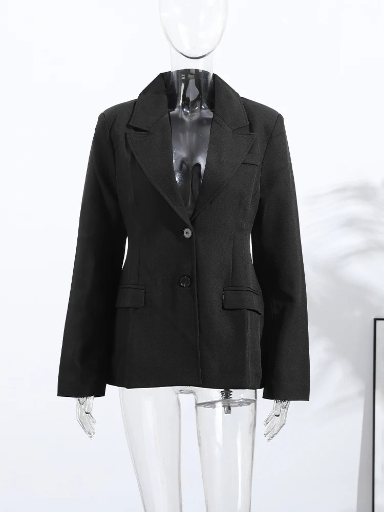 Elegant Shoulder Pad Slim Suit Jackets Women Solid Lapel Long Sleeved Jacket Female 2025 Spring Chic Daily Style Outwears Tops