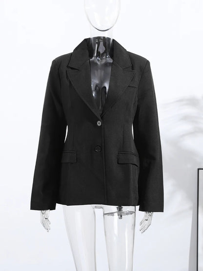 Elegant Shoulder Pad Slim Suit Jackets Women Solid Lapel Long Sleeved Jacket Female 2025 Spring Chic Daily Style Outwears Tops
