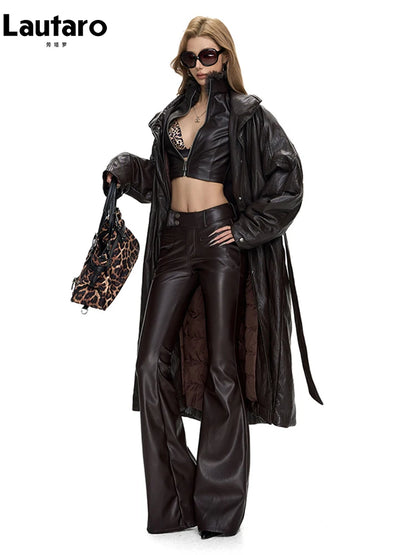 Lautaro Spring Summer Sexy Fitted Short Faux Leather Jacket Women Luxury Designer Zip Up Clothes Women Cropped Top Streetwear